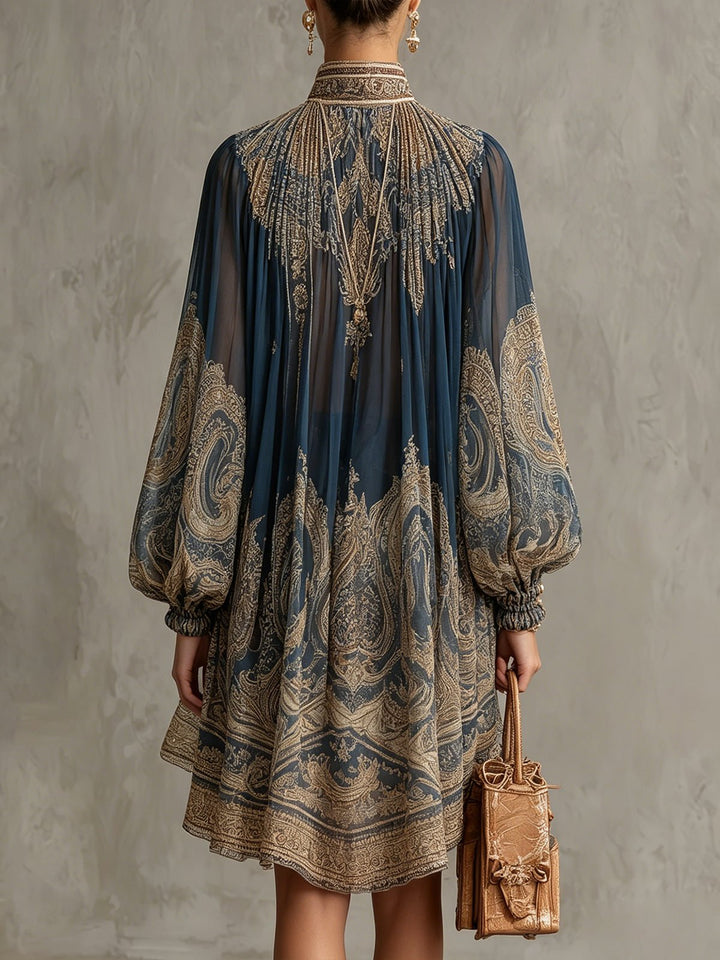 Women's Mini Dress Baroque Print – High Neck, Voluminous Sleeves, Asymmetrical Hem