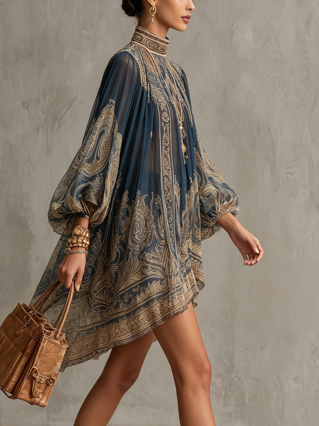Women's Mini Dress Baroque Print – High Neck, Voluminous Sleeves, Asymmetrical Hem