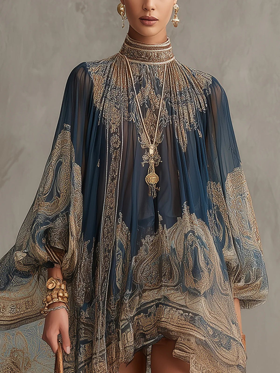 Women's Mini Dress Baroque Print – High Neck, Voluminous Sleeves, Asymmetrical Hem