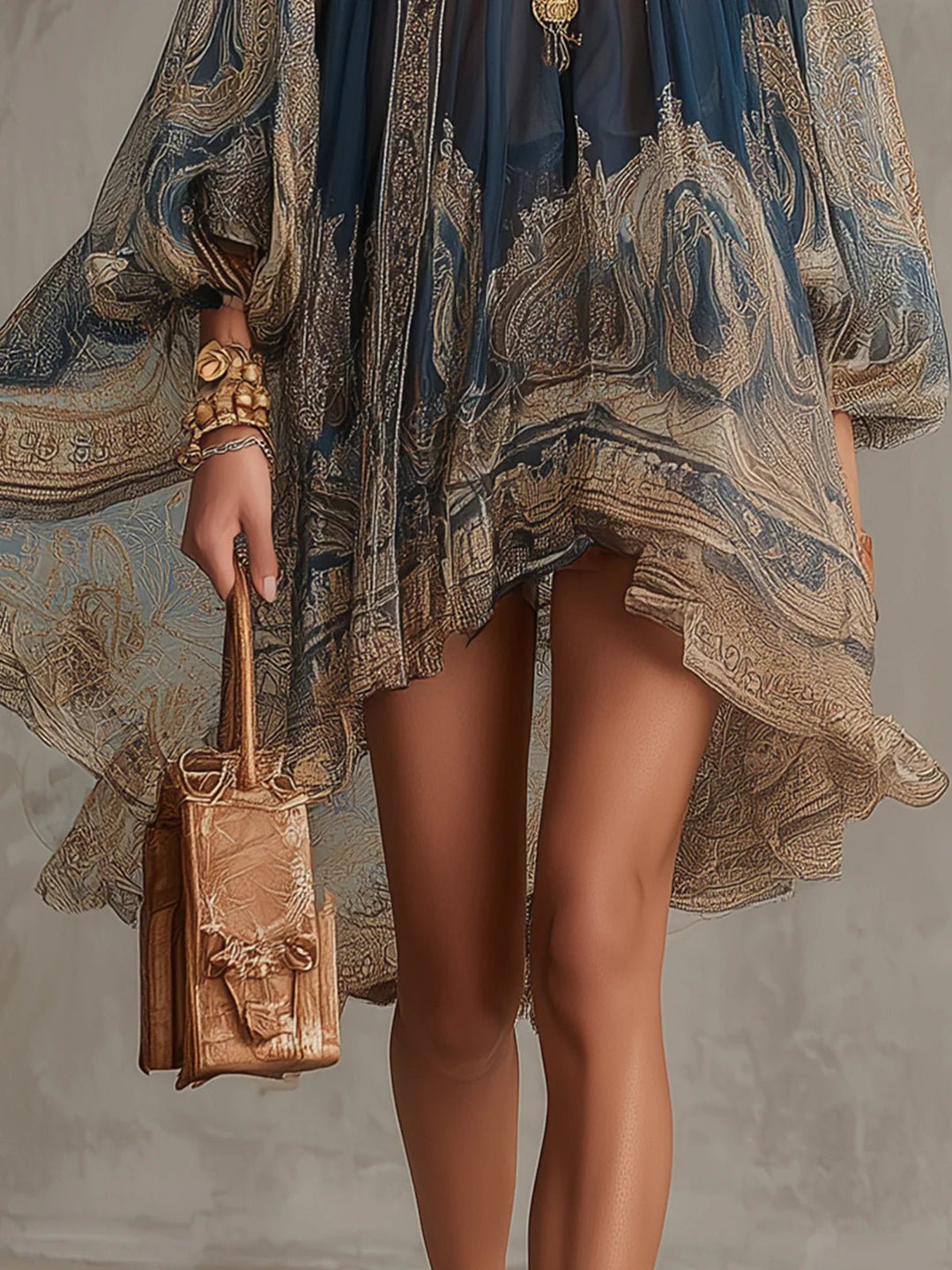 Women's Mini Dress Baroque Print – High Neck, Voluminous Sleeves, Asymmetrical Hem