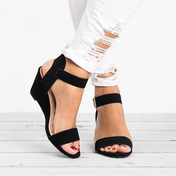 Sandales Femme à Talon Compensé – Bride Cheville Élastiquée & Bout Ouvert