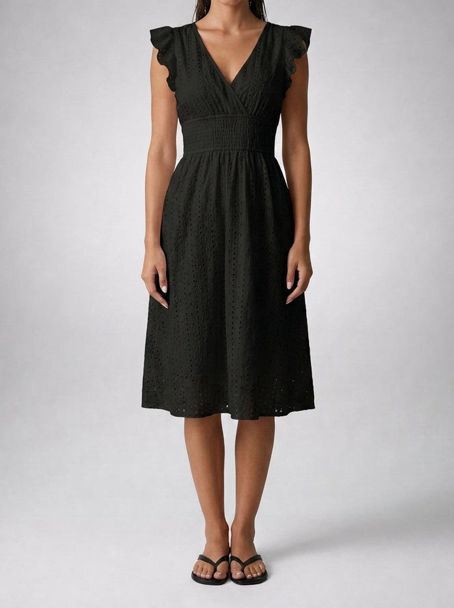Vestito midi da donna in broderie anglaise – scollo a V e maniche corte volantate