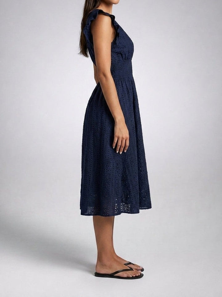 Vestito midi da donna in broderie anglaise – scollo a V e maniche corte volantate