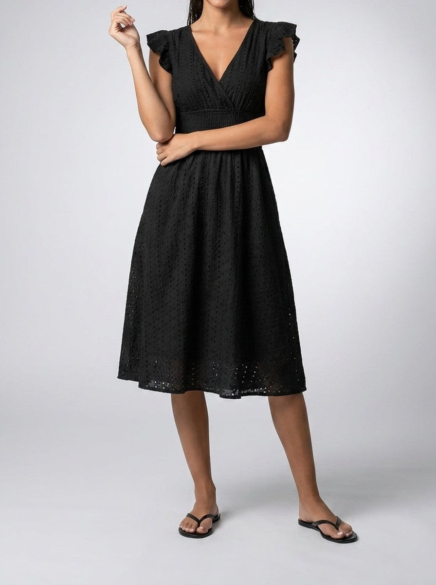 Vestito midi da donna in broderie anglaise – scollo a V e maniche corte volantate
