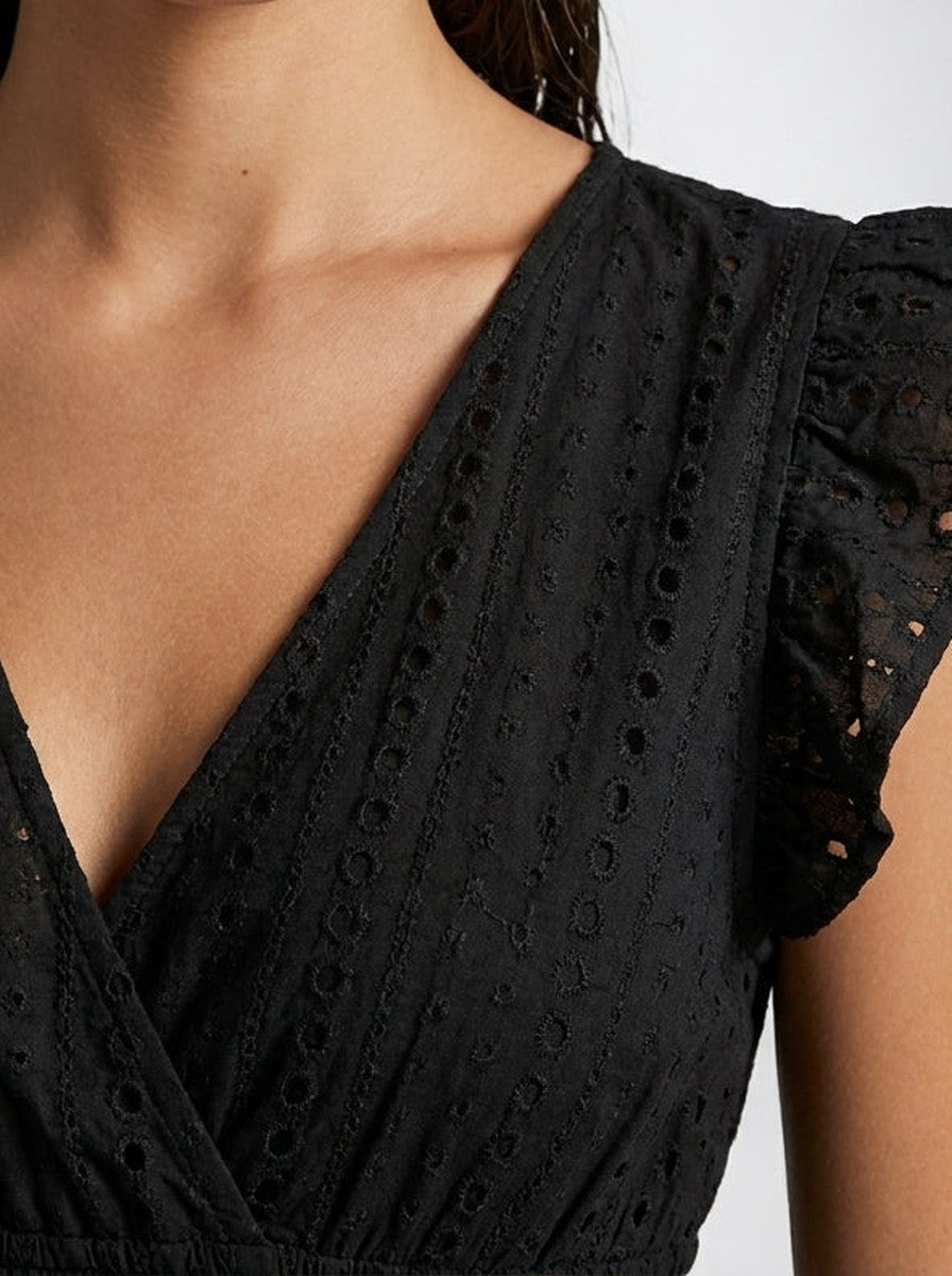 Vestito midi da donna in broderie anglaise – scollo a V e maniche corte volantate