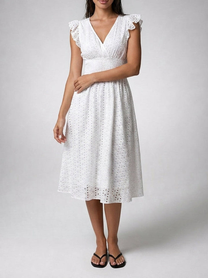 Vestito midi da donna in broderie anglaise – scollo a V e maniche corte volantate