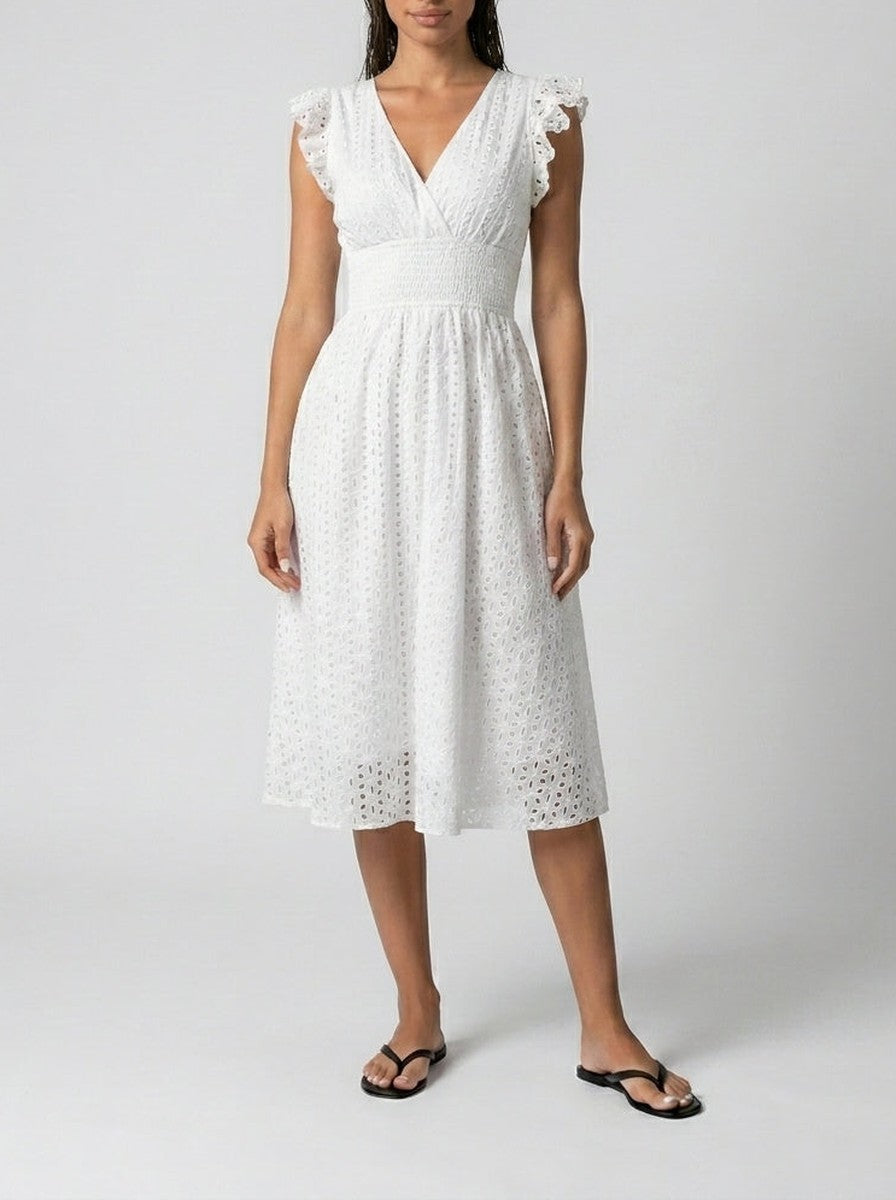 Vestito midi da donna in broderie anglaise – scollo a V e maniche corte volantate