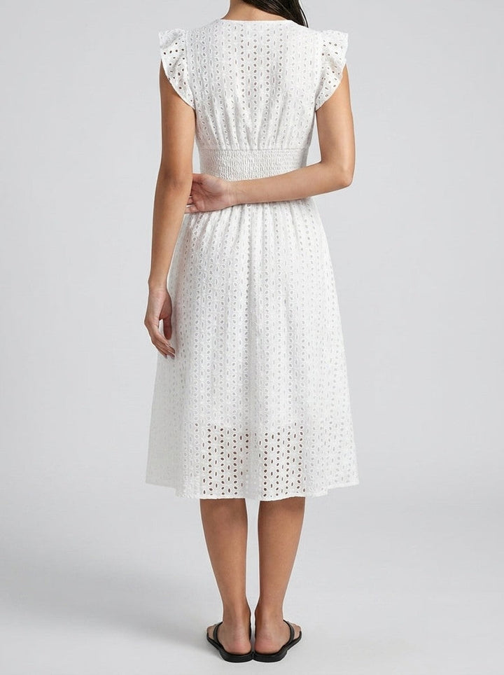 Vestito midi da donna in broderie anglaise – scollo a V e maniche corte volantate