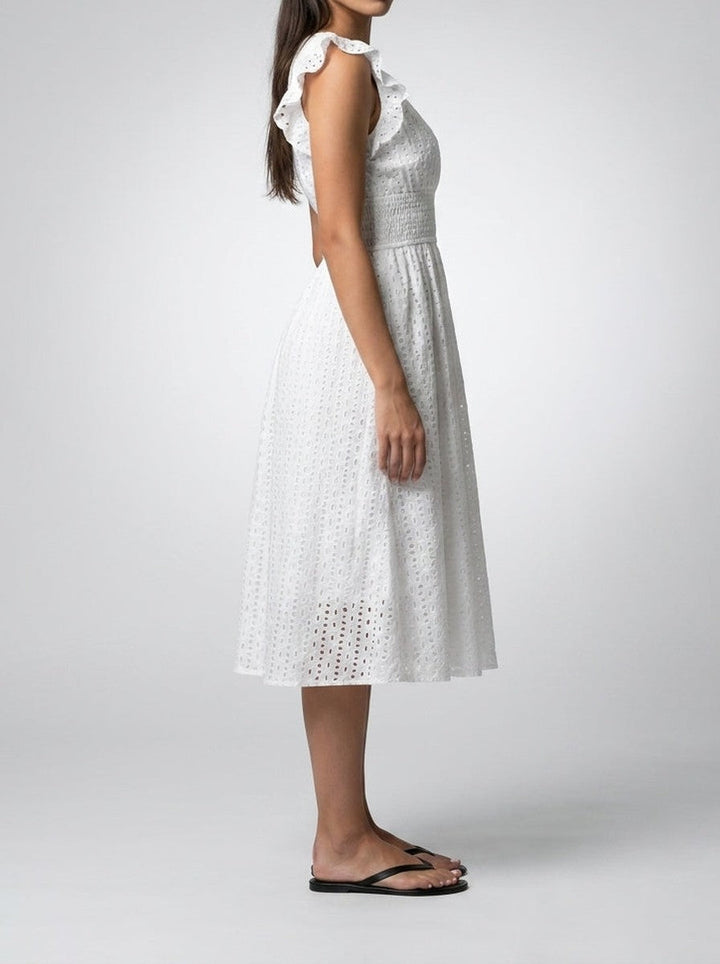 Vestito midi da donna in broderie anglaise – scollo a V e maniche corte volantate