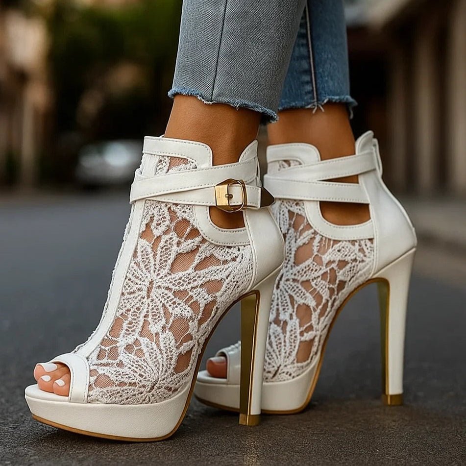 Damen-Pumps mit offenem Zehenbereich aus floraler Spitze – Knöchelriemen Stiletto