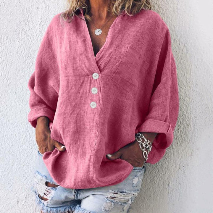 Blusa donna in lino misto con bottoni – scollo a V e maniche risvoltabili