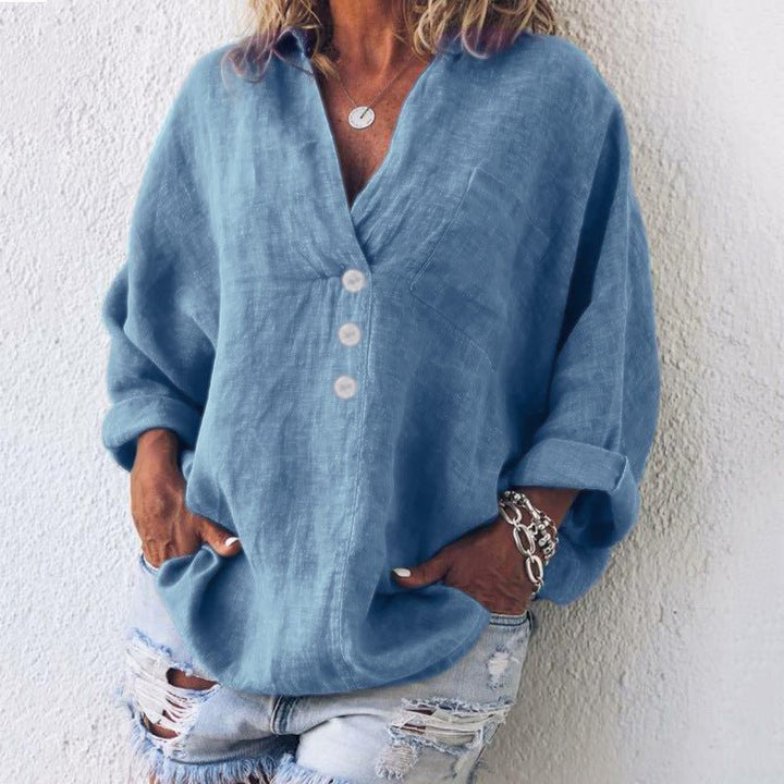 Blusa donna in lino misto con bottoni – scollo a V e maniche risvoltabili