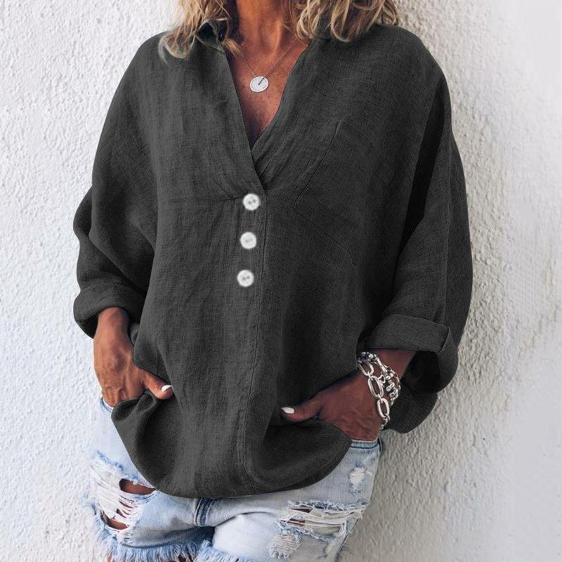 Blusa donna in lino misto con bottoni – scollo a V e maniche risvoltabili