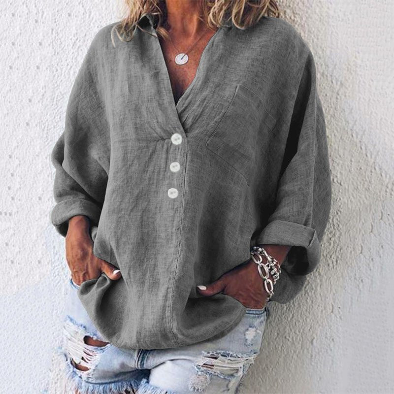 Blusa donna in lino misto con bottoni – scollo a V e maniche risvoltabili