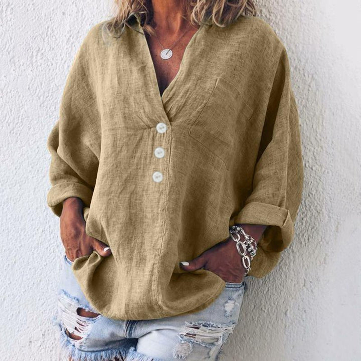 Blusa donna in lino misto con bottoni – scollo a V e maniche risvoltabili