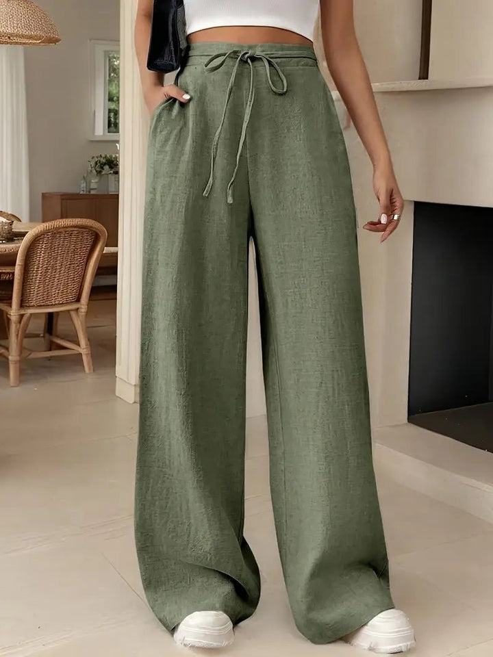 Weite Damenhose aus Baumwolle – Hohe Taille mit Kordelzug