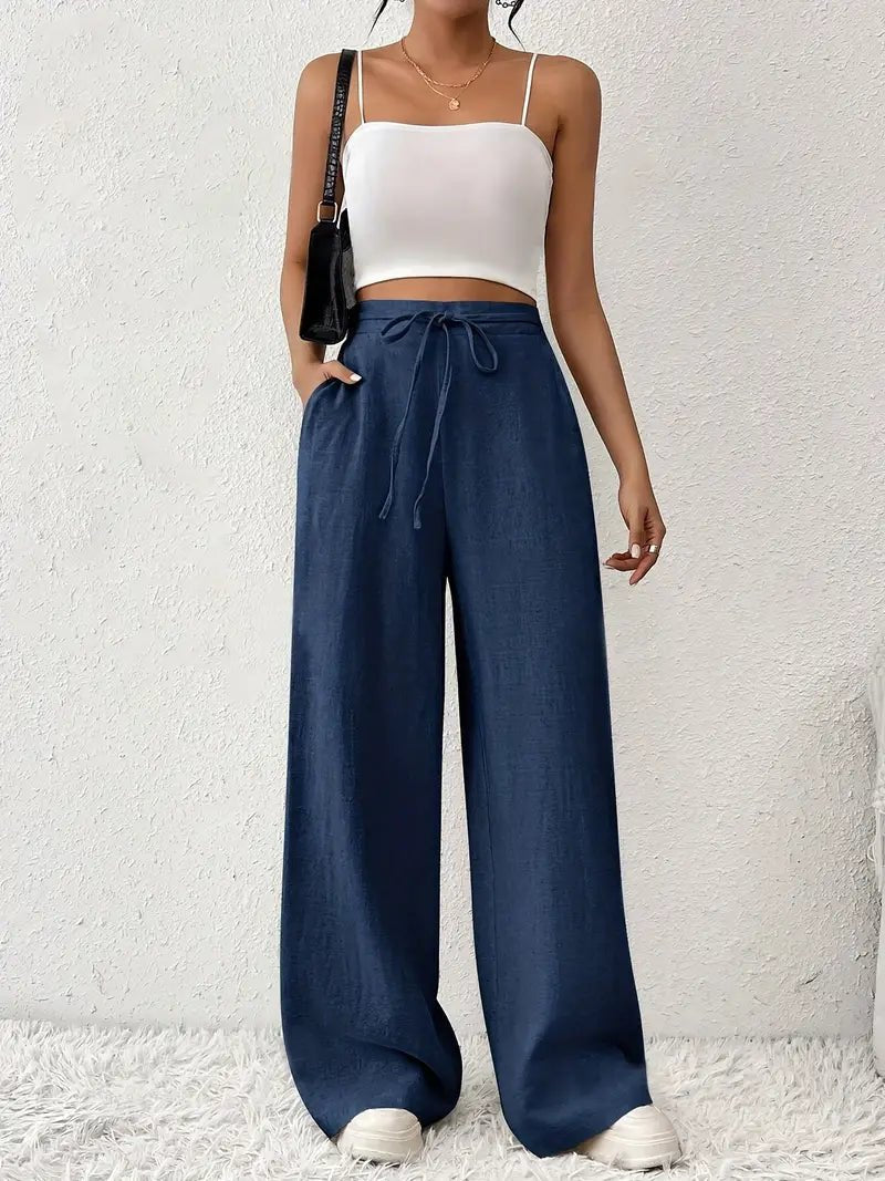 Weite Damenhose aus Baumwolle – Hohe Taille mit Kordelzug