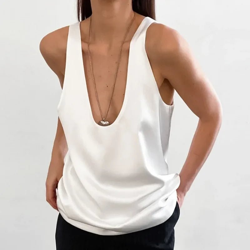Women's Sleeveless Tank Top – Deep Round Neck, Flowing Fit