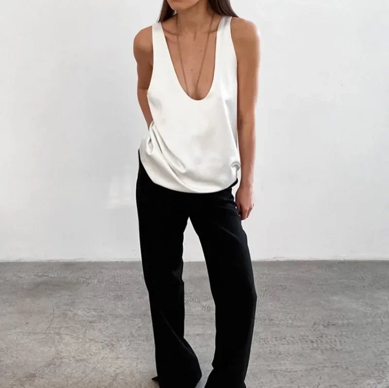 Women's Sleeveless Tank Top – Deep Round Neck, Flowing Fit