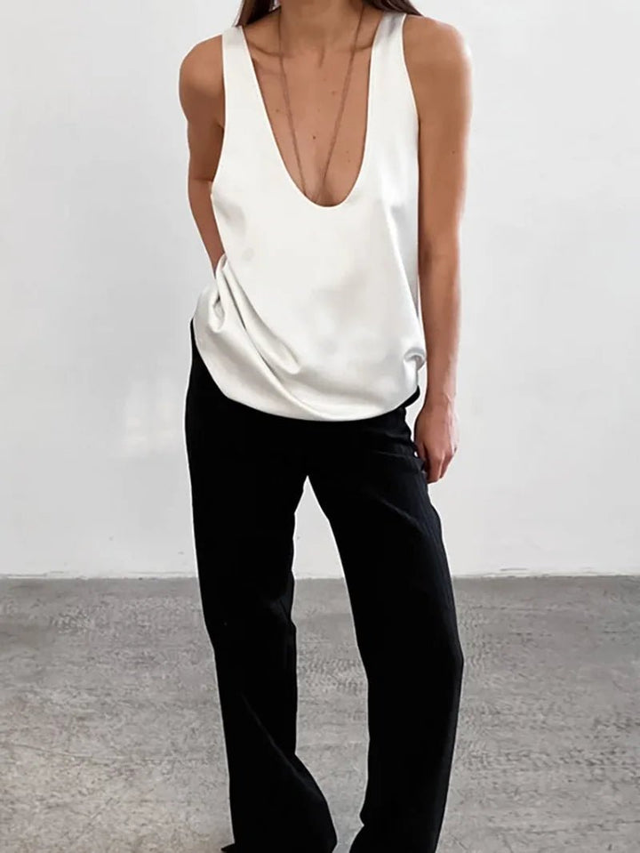 Women's Sleeveless Tank Top – Deep Round Neck, Flowing Fit