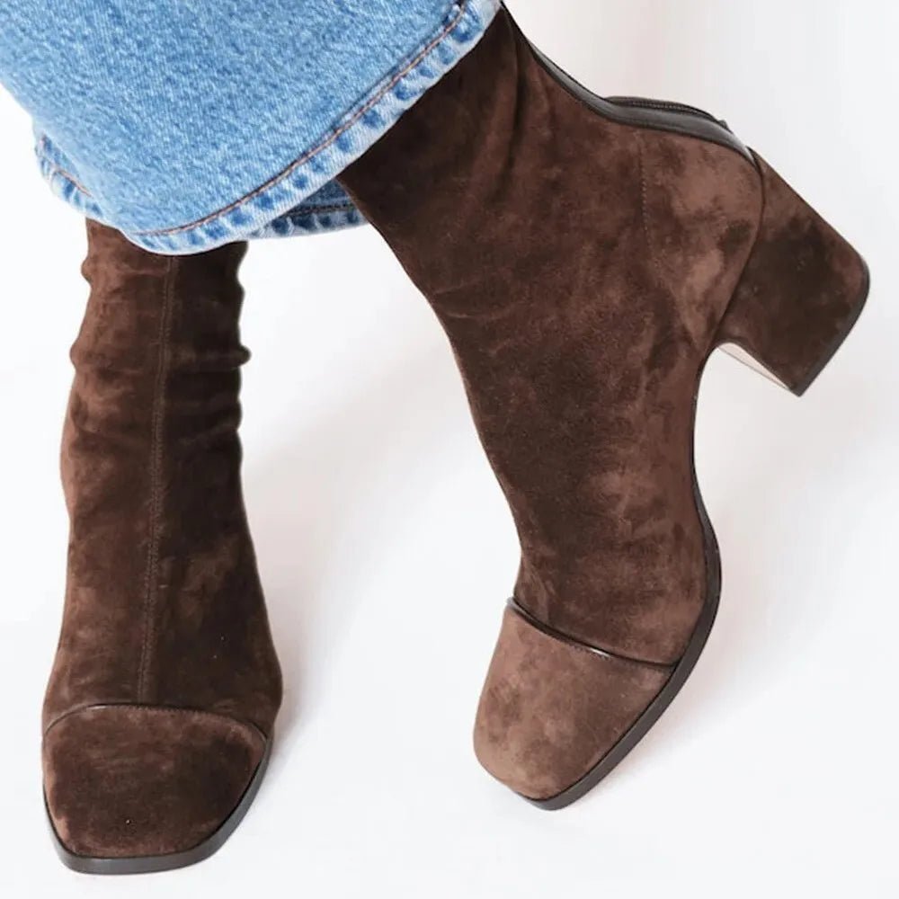 Women's Mid-Calf Boots with Square Toe – Block Heel and Suede Effect