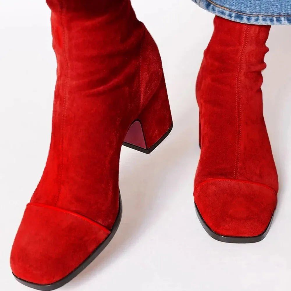 Women's Mid-Calf Boots with Square Toe – Block Heel and Suede Effect