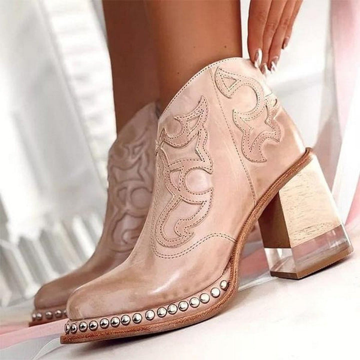 Bottines Femme Western à Broderies – Talon Bloc Effet Daim