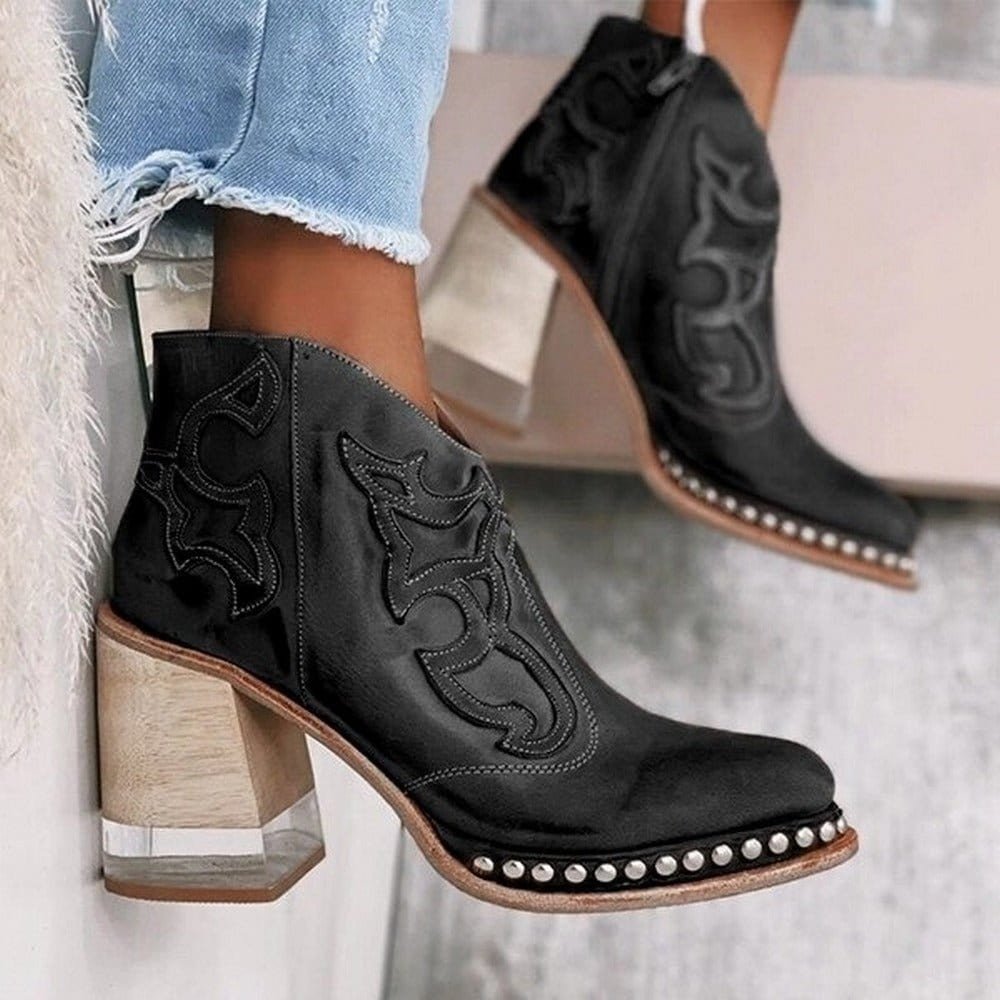 Bottines Femme Western à Broderies – Talon Bloc Effet Daim