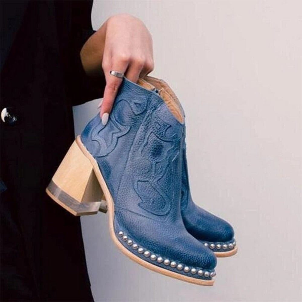 Bottines Femme Western à Broderies – Talon Bloc Effet Daim