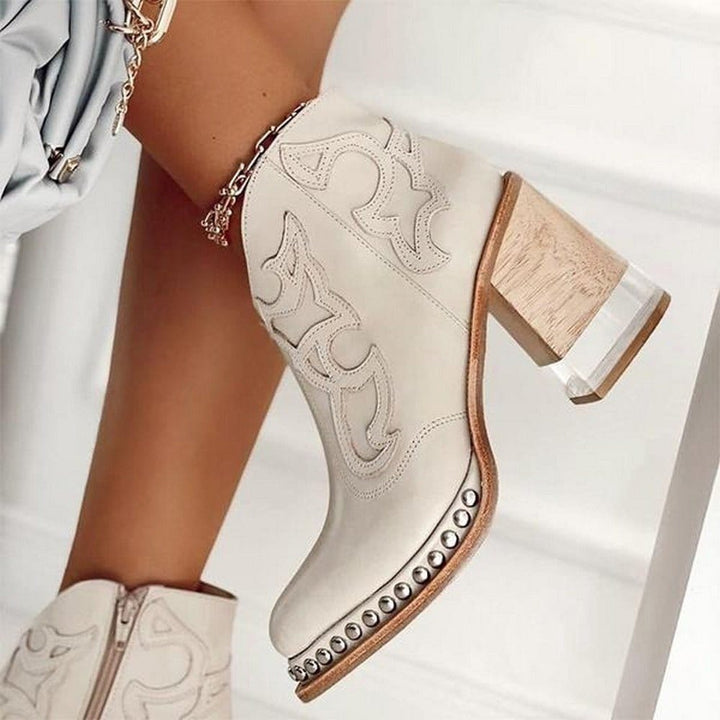 Bottines Femme Western à Broderies – Talon Bloc Effet Daim