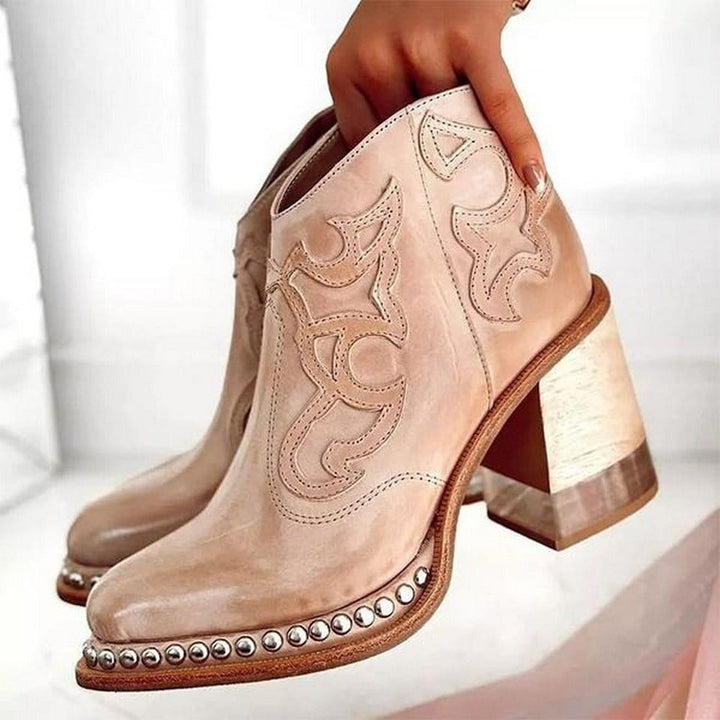 Bottines Femme Western à Broderies – Talon Bloc Effet Daim