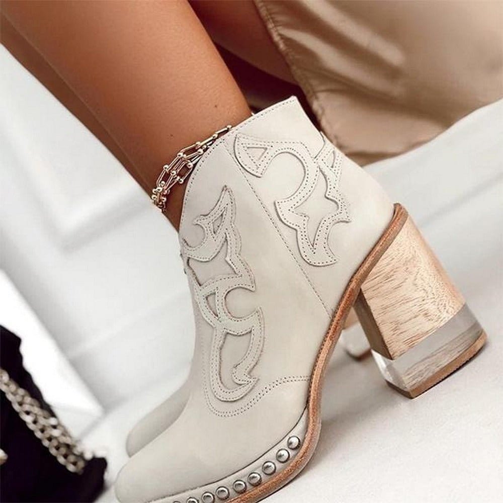 Bottines Femme Western à Broderies – Talon Bloc Effet Daim
