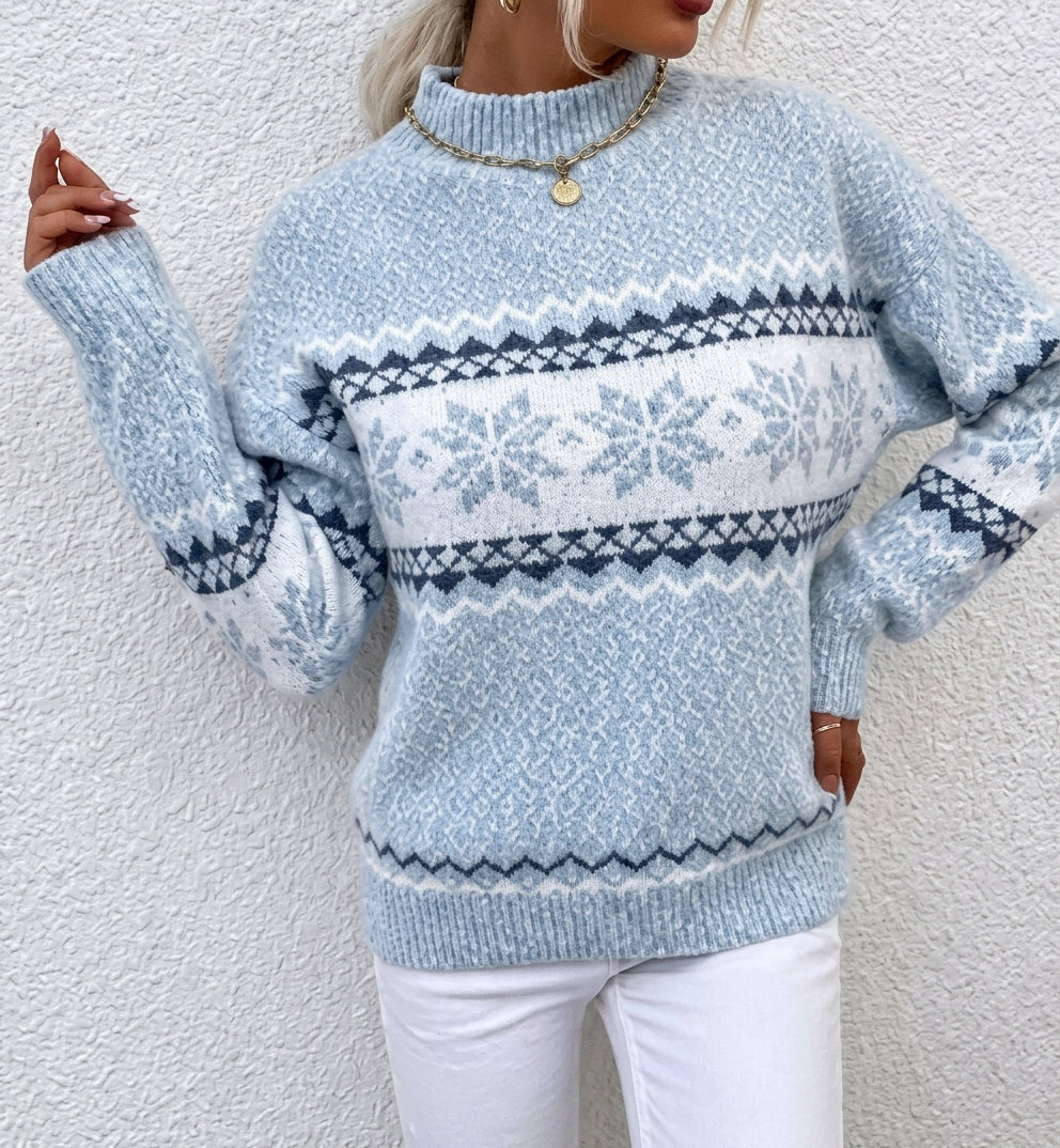Pull Femme Maille – Motif Nordique à Flocons, Col Montant Demi