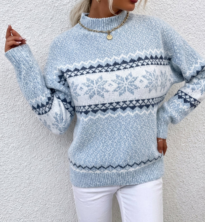 Pull Femme Maille – Motif Nordique à Flocons, Col Montant Demi