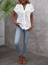 Women's Embroidered Lace Blouse – V-Neck and Front Button Closure